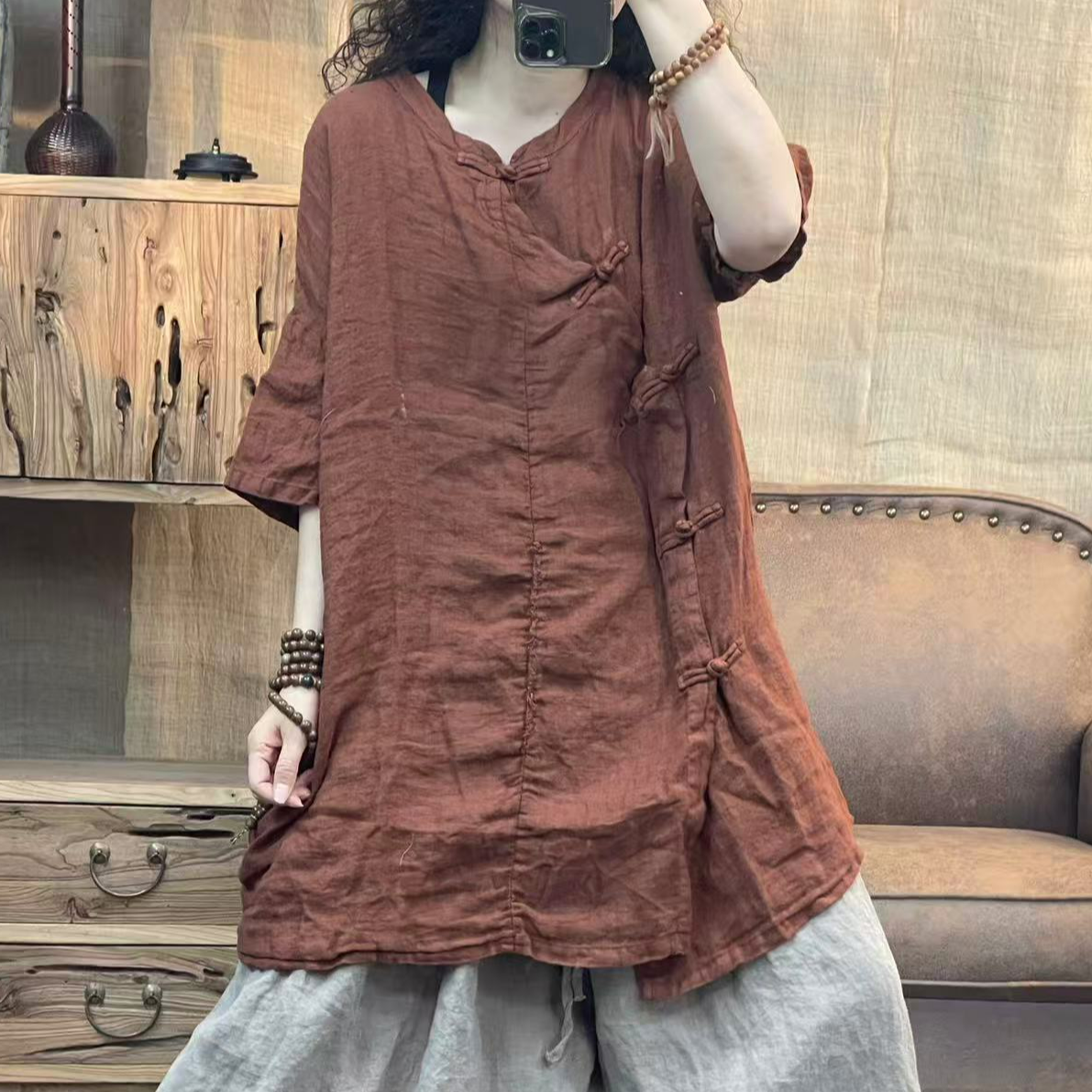 [四月阳光]新品夏季亚麻炒色复古斜襟中长款女装上衣(长78胸围130