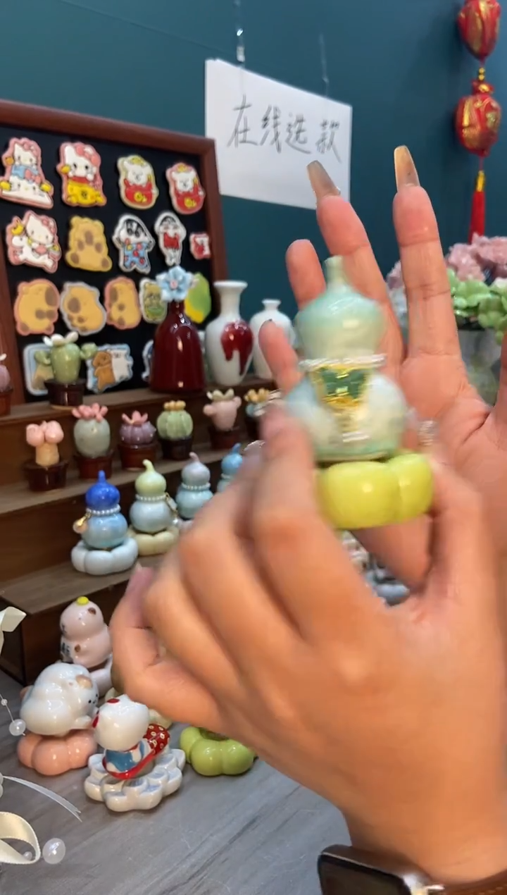 摆件陶绿色葫芦景德镇陶瓷转转1个装