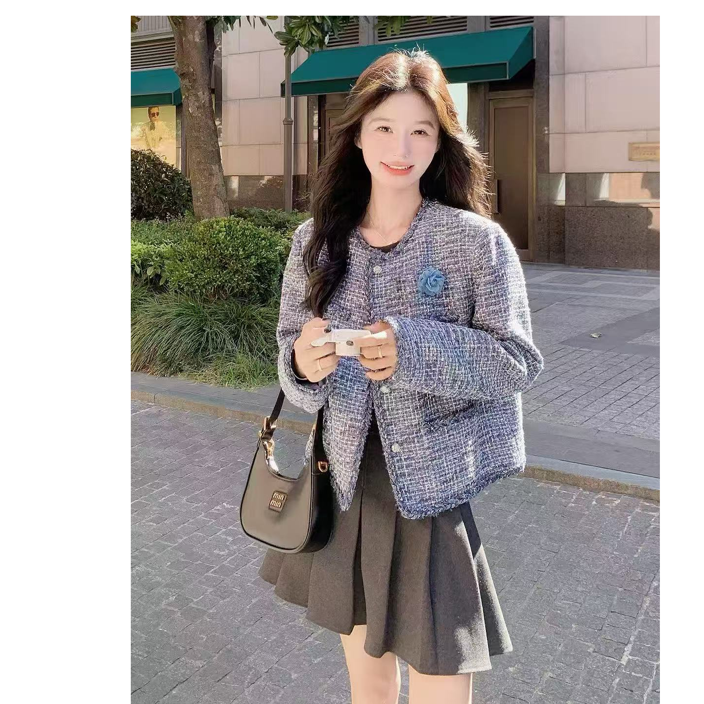 D1503秋冬新款名媛气质蓝色法式粗花呢小香风夹棉外套