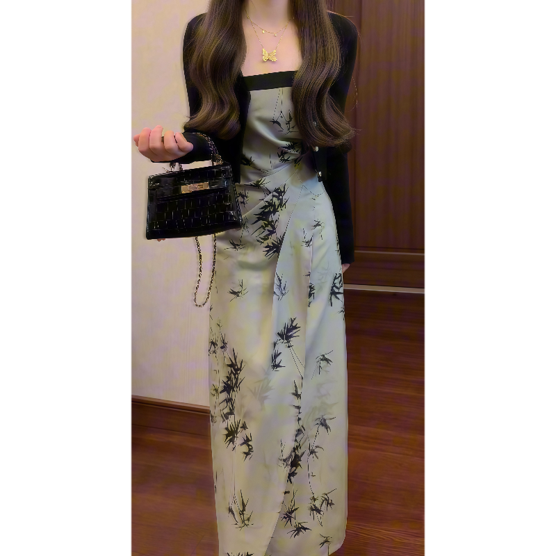 新中式国风复古墨竹碎花禅意吊带连衣裙&针织防晒空调开衫9037