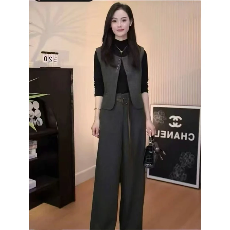 一整套韩系穿搭高级感打底衫马甲阔腿裤腰带四件套