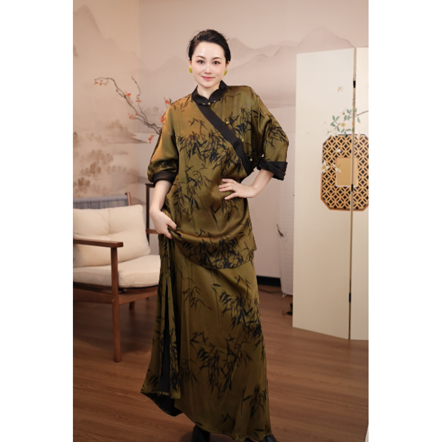 《闻竹》重缎桑蚕丝  新中式印花套装 （气质女神必入）