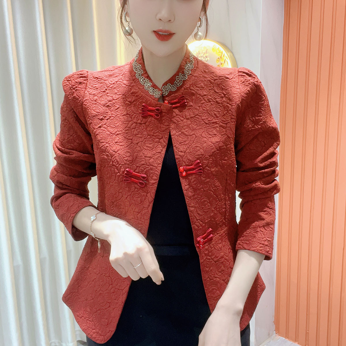 鑫坷春季新中式盘扣休闲宽松气质时尚百搭设计感外套女058