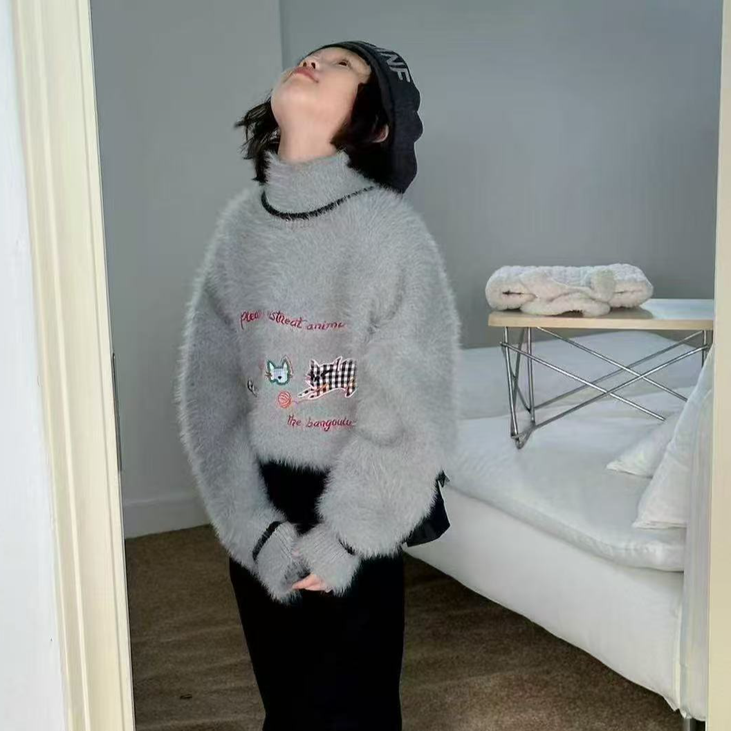 T404 女童儿童冬季慵懒风毛衣针织加厚保暖毛衫卡通长袖毛绒绒