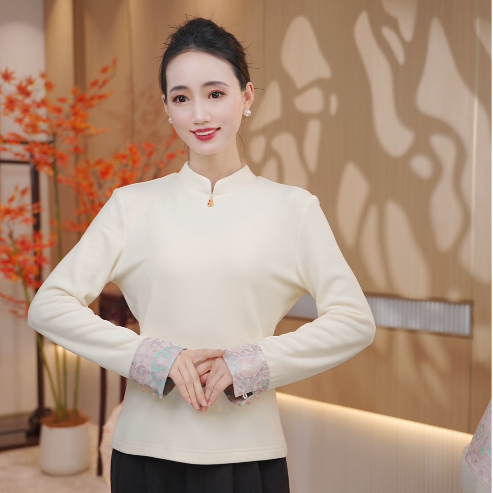 【SQ】新中式拼接小立领短款休闲风加绒加厚打底上衣JX0307