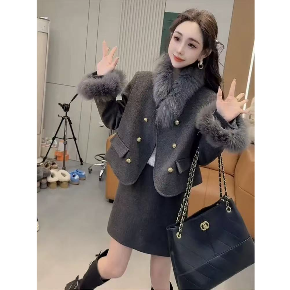 【两件套】2025冬季网红新款小香风套装女毛呢短外套+短裙S911244