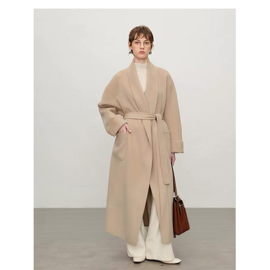 日暮冬音100%高支澳毛长款毛呢翻领秋季时尚中长款轻奢毛呢大衣