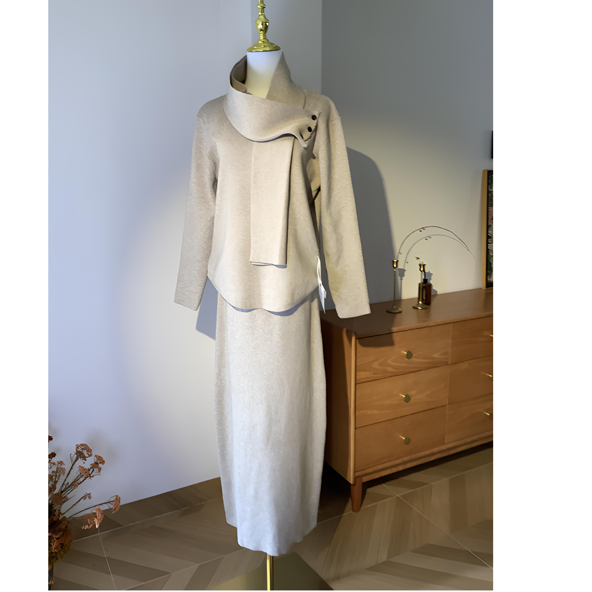 2025秋冬野一家设计师高品质时尚韩版套装裙皖熊围脖显白燕麦色