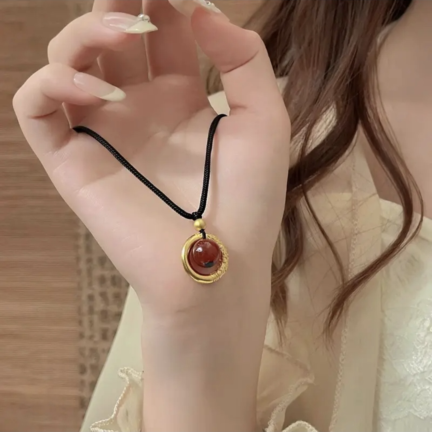 铜合金项链 转运珠相思红豆项链女编织简约气质平安扣复古感素圈