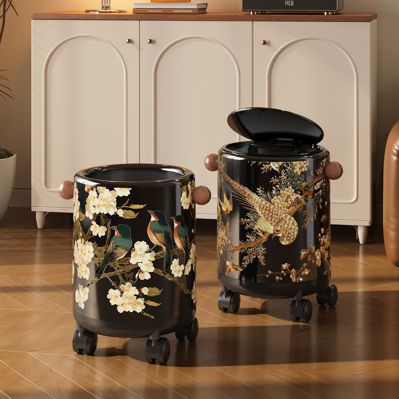 美世达中古国风垃圾桶客厅高颜值新款家用带滑轮卫生桶带盖