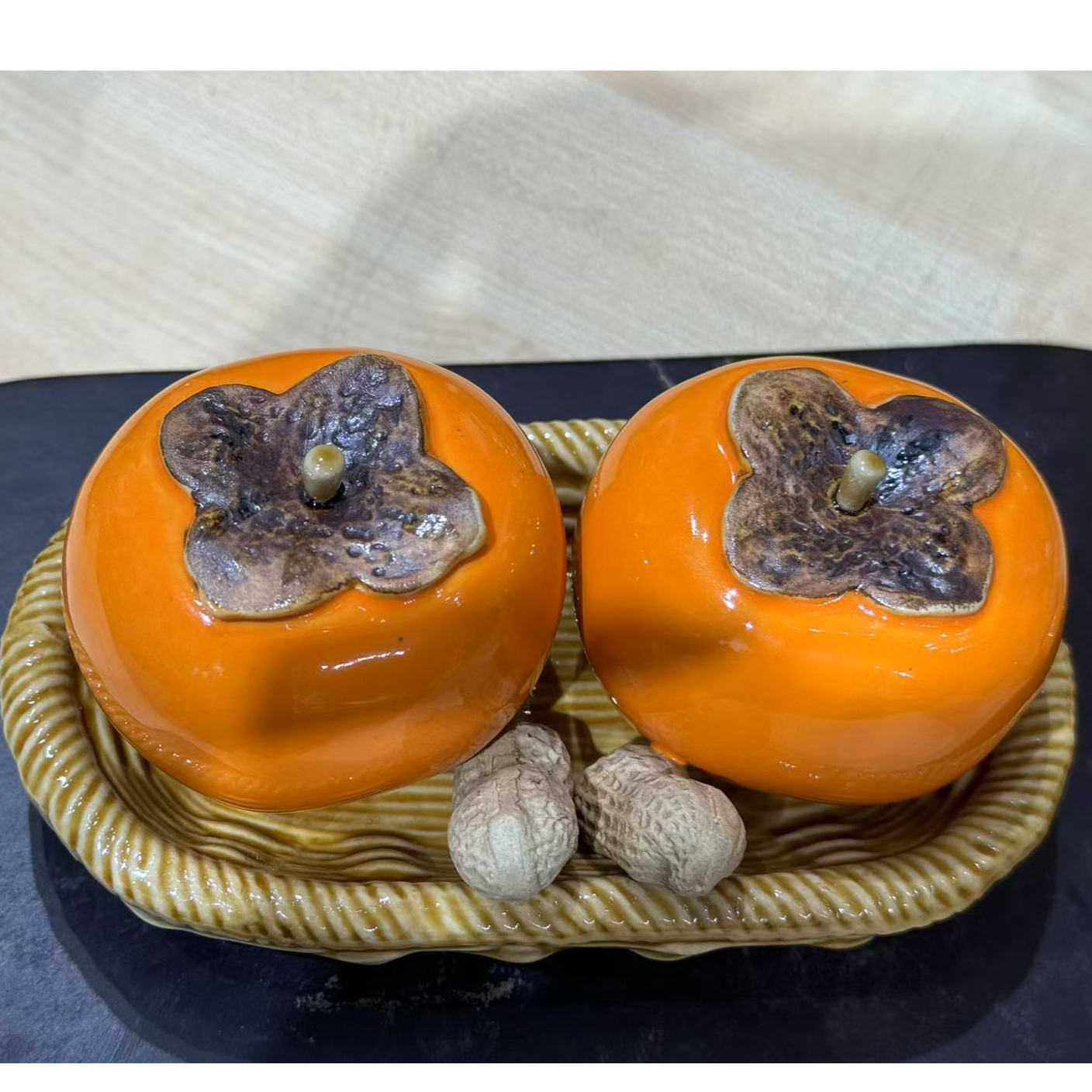 好事发生精致创意双柿子篮石湾陶瓷家居手工摆件事事如意工艺品