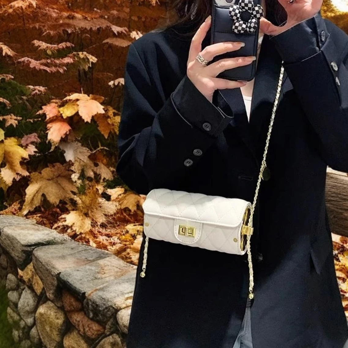 高级质感菱格小包包女2024新款时尚爆款链条斜挎包小众设计圆筒包