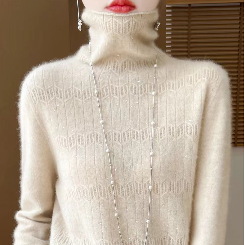 100纯羊毛一线成衣堆堆领全钻女上衣D236【清】