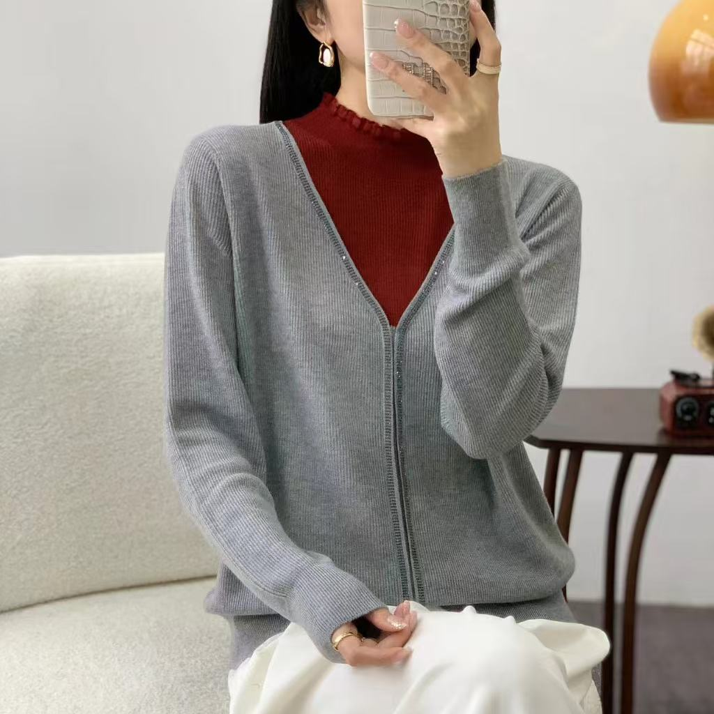 撞色百搭网红女圆领蕾丝假两件毛针织衫烫钻针织B131#