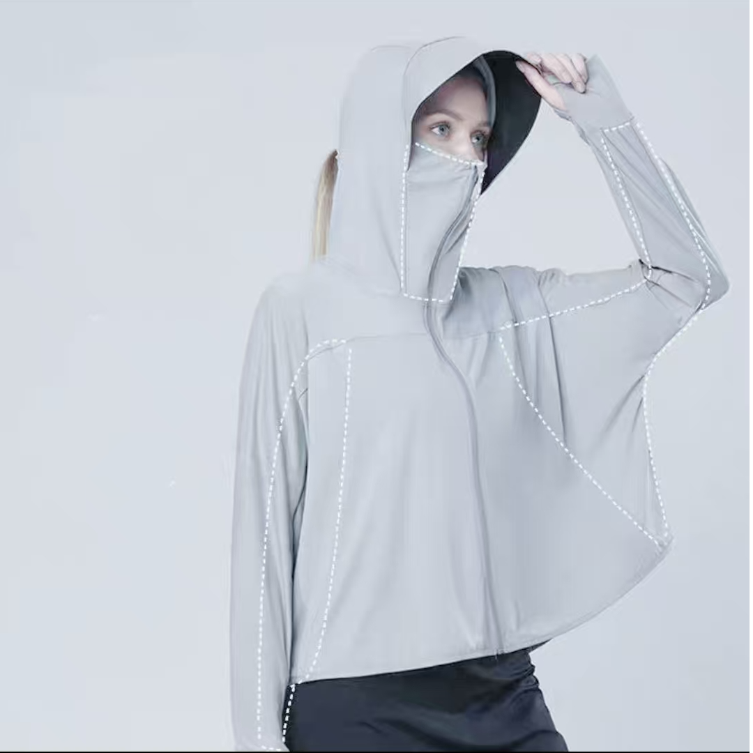 7904-B美拉原纱防紫外线黑胶帽檐（远山灰浅灰）防晒衣