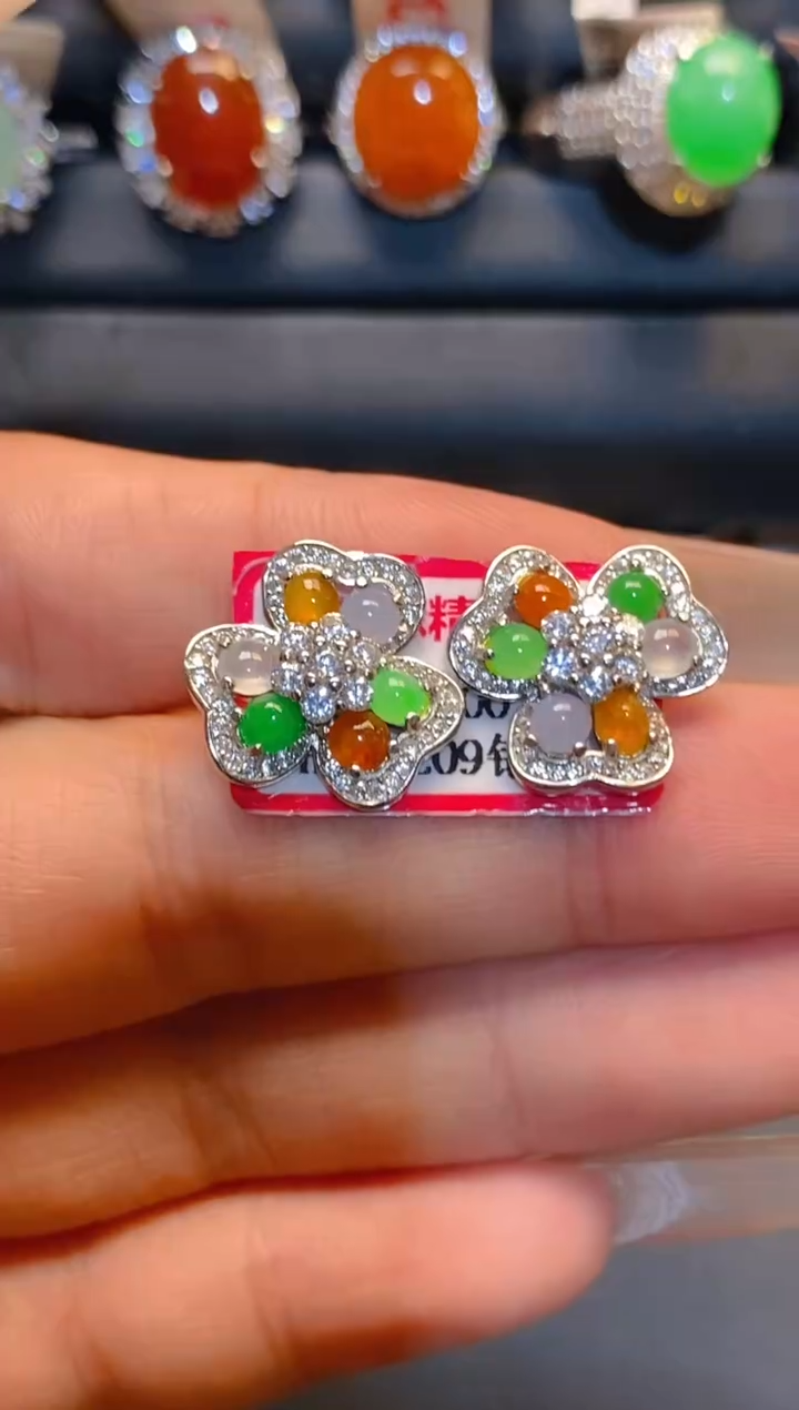 翡翠银S925镶嵌耳饰天然