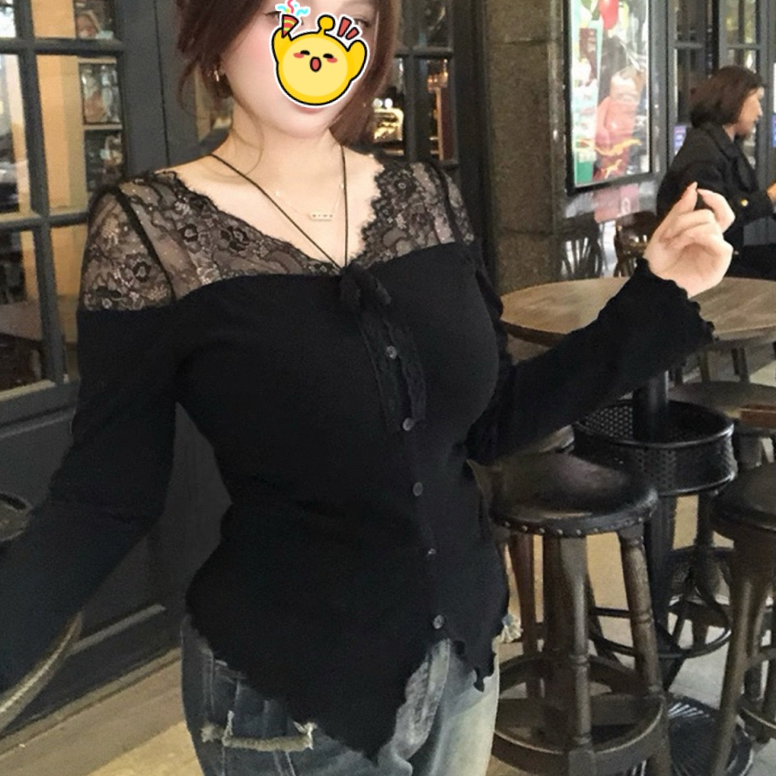 胖MM 蕾丝拼接领高弹双面磨毛针织T恤女微胖大码半透视显瘦上衣