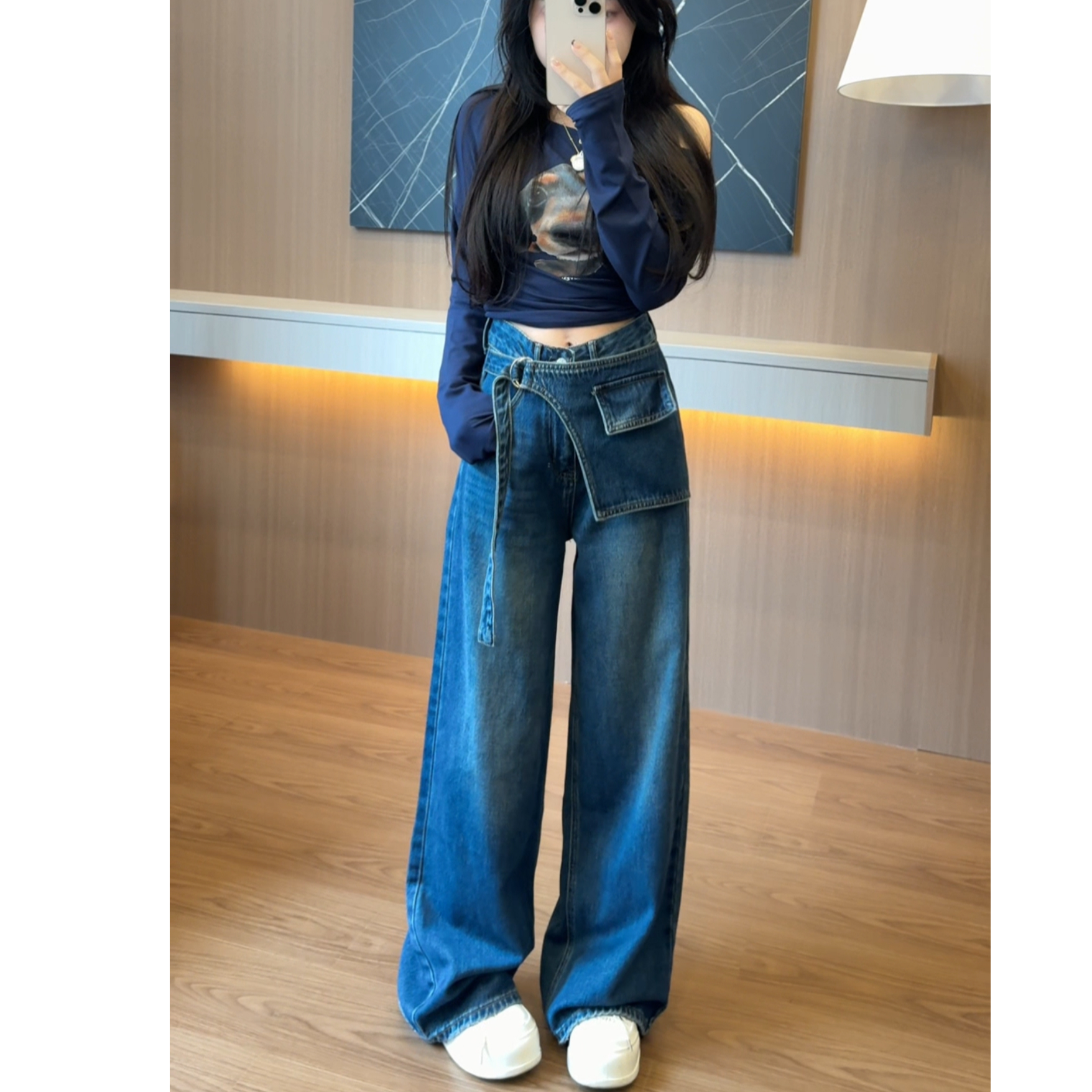 260秋季新款高腰显瘦假两件阔腿裤小个子2025复古百搭个性直筒裤