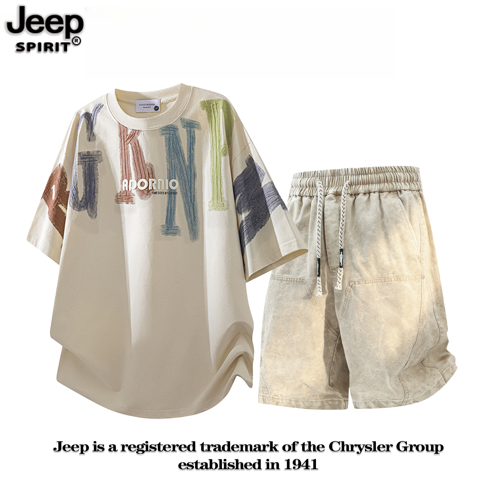 JEEPSPIRIT吉普套装男士夏季涂鸦运动休闲两件套大码宽松短袖上衣