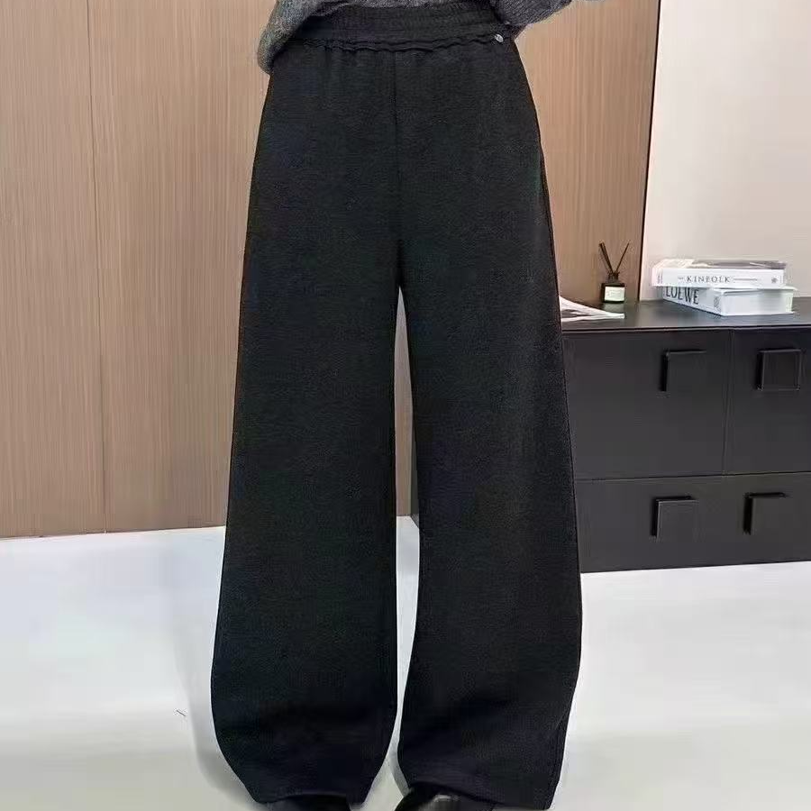 加绒毛呢直筒裤时尚宽松高腰黑色阔腿裤秋冬窄版加厚显瘦