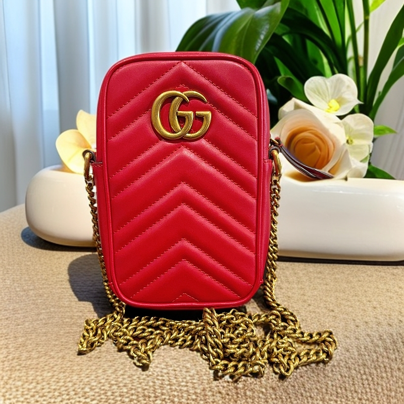 95新 GUCCI/古驰 红色手机链条包 1182 4141