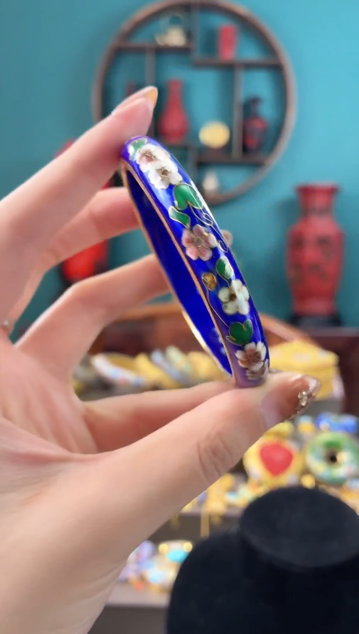 非遗手工景泰蓝碎花开口镯子57-63宝蓝
