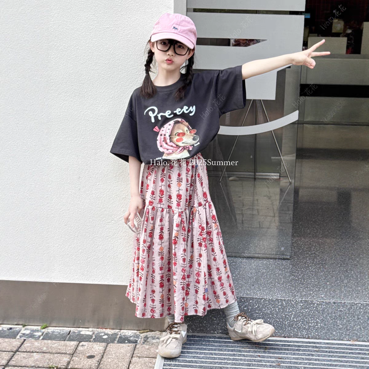 女童2025夏款套装宝宝卡通印花短袖T恤儿童碎花半身裙度假大摆裙