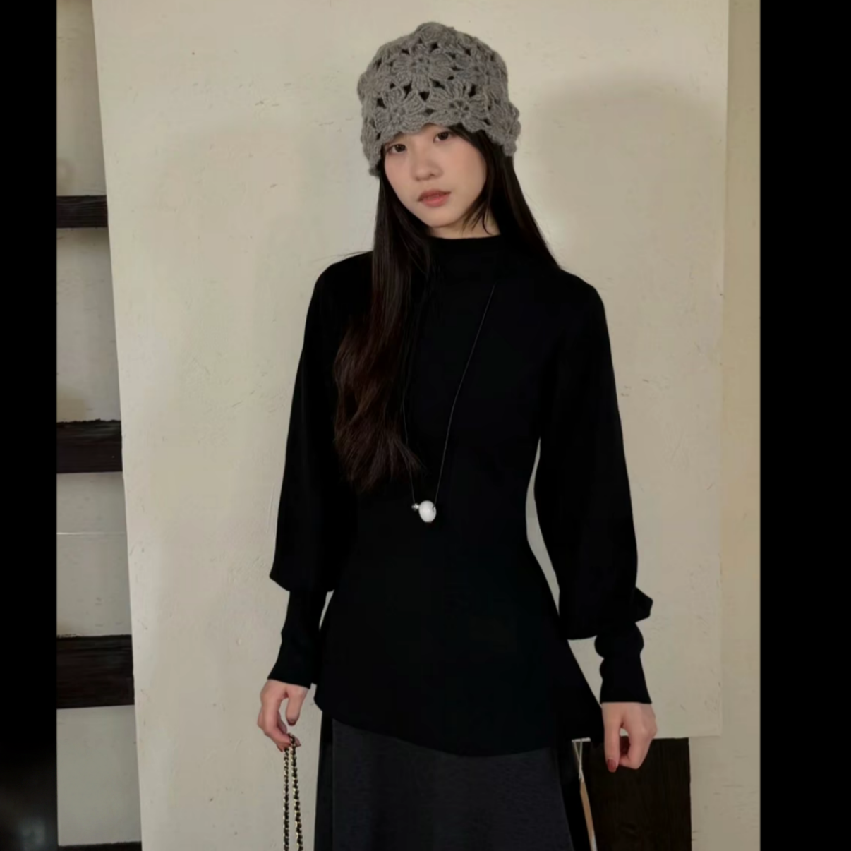 【妮儿专属】法式优雅风半高领灯笼袖德绒女秋冬收腰温柔气质上衣