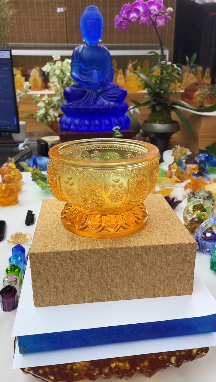 手工艺品琉璃琥珀色五路聚宝盆14*8.5公分
