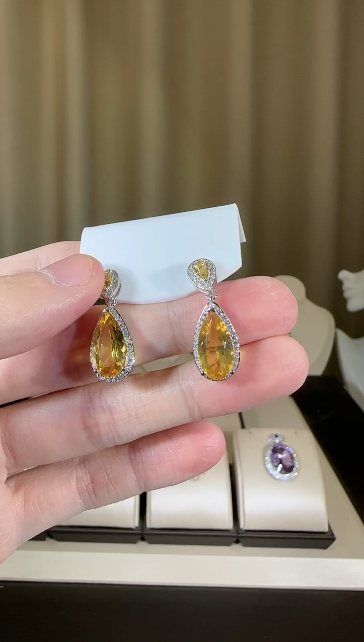 【闪购商品】黄晶耳饰银S925镶嵌设计款