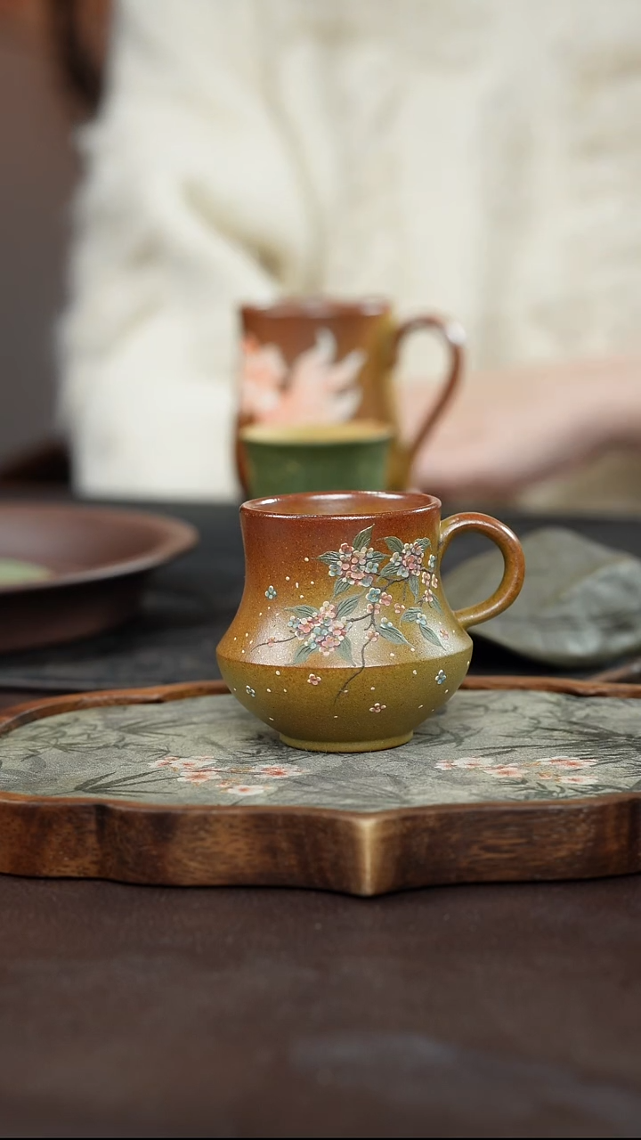 九隐茶器段泥柴烧泥绘杯