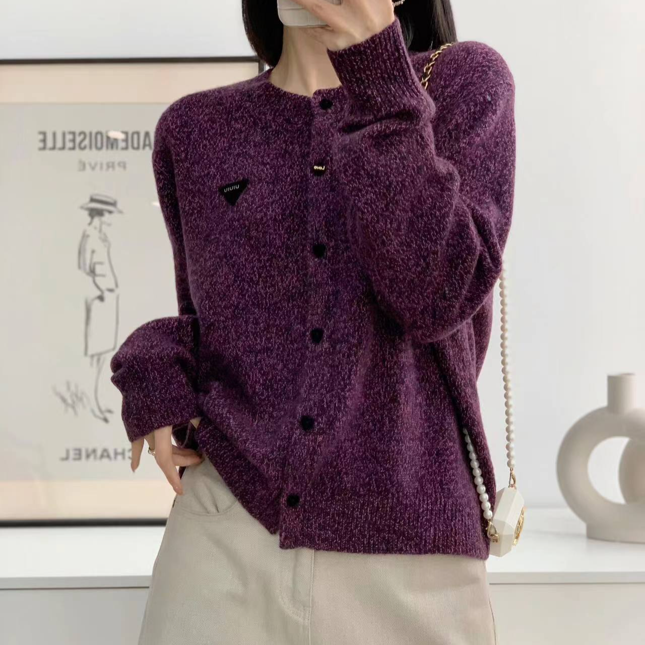 樱桃冬季针织衫花纱针织女开衫ins长袖毛衣