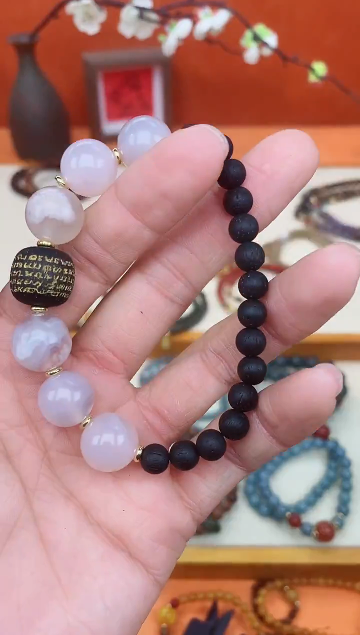 【闪购商品】降真香手串未镶嵌五条搭配樱花玛瑙单圈