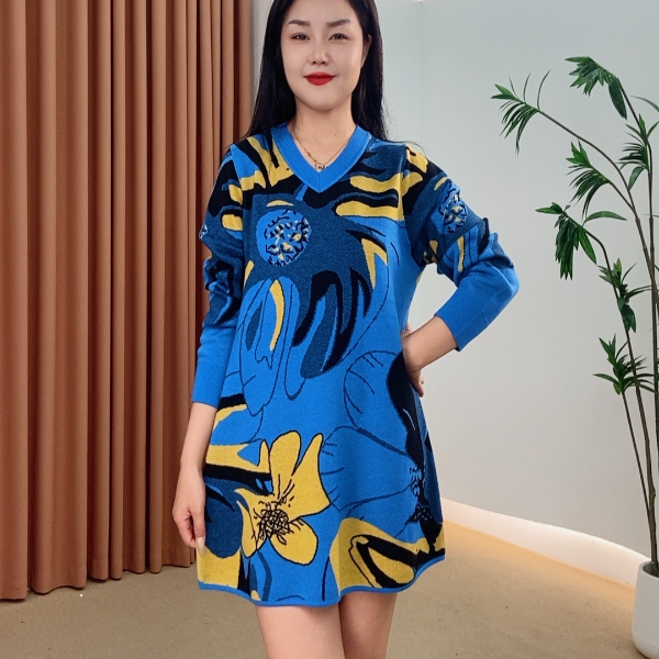 422时尚网红百搭显瘦秋冬针织连衣裙提花不褪色高弹力新中式