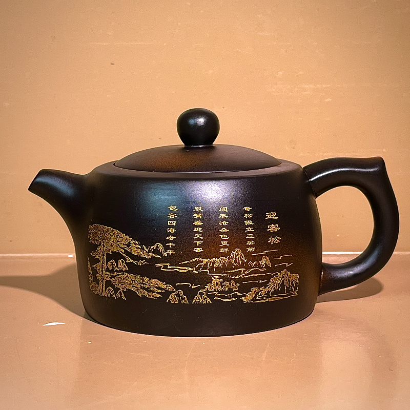 紫陶迎客松井栏凤鸣壶大容量家用中式泡茶壶复古大号紫砂壶C143