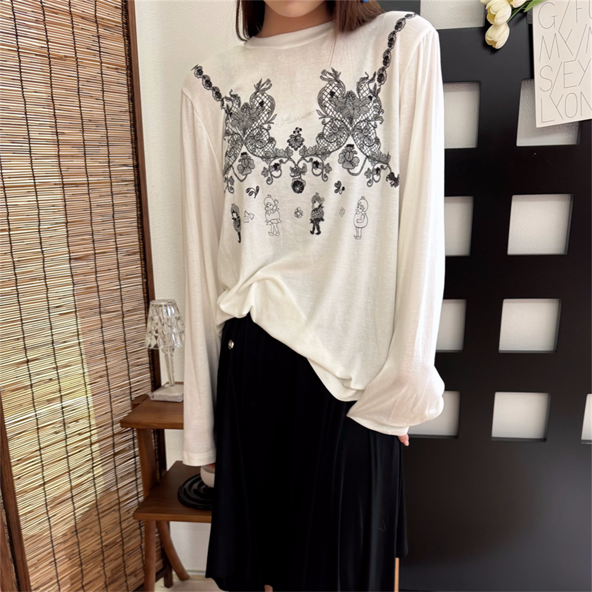 AUBRUINO 原创设计2025春季新款小众高级感古着蕾丝印花长袖T恤女