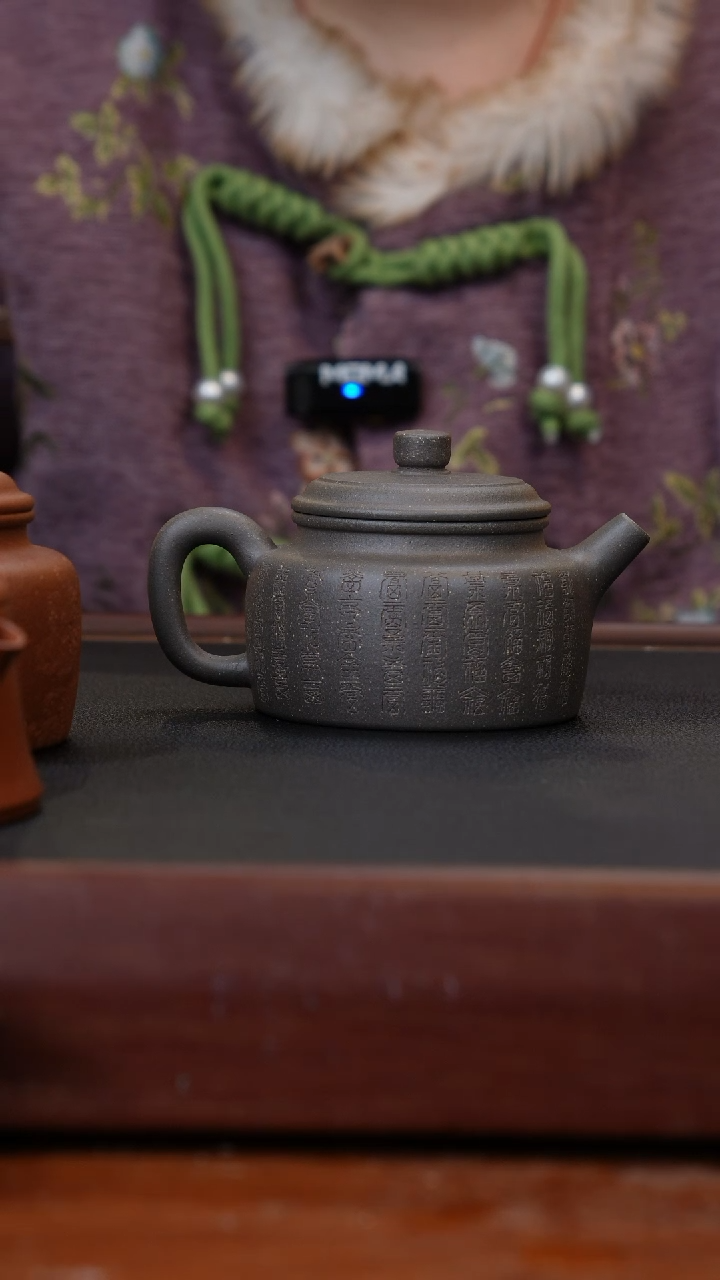 茶壶紫砂大亨德钟200C原矿黄龙山青灰泥手工刻绘百福图
