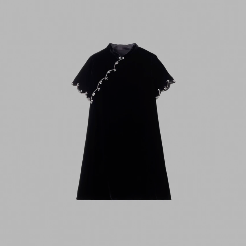 温温【云梦】真丝丝绒斜襟连衣裙夏季优雅国风短袖女夏新款082120