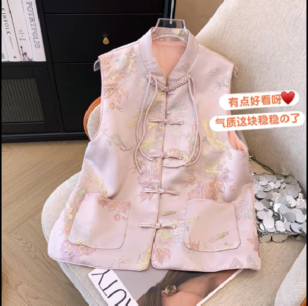 038新中式马甲外套春秋款v领女装国潮民族复古提花薄款潮流上衣