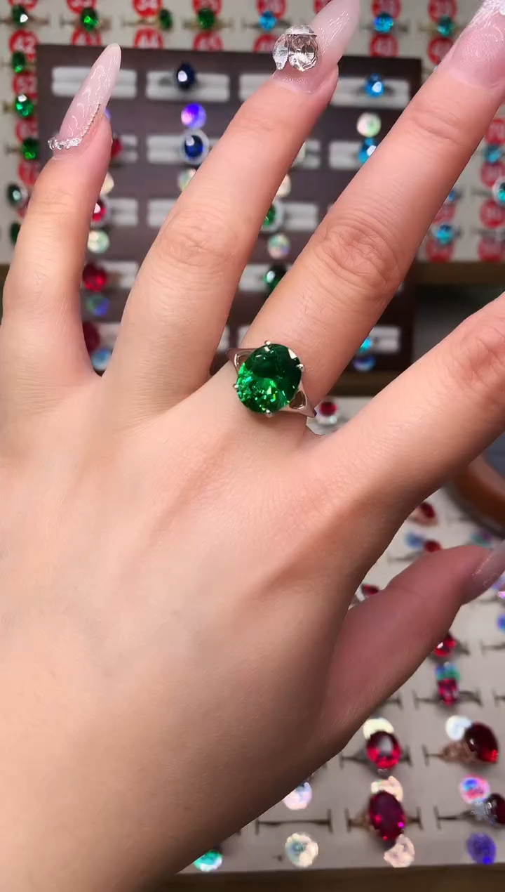 无925银典藏 轻奢 小祖母绿绿色系10*12银托戒指