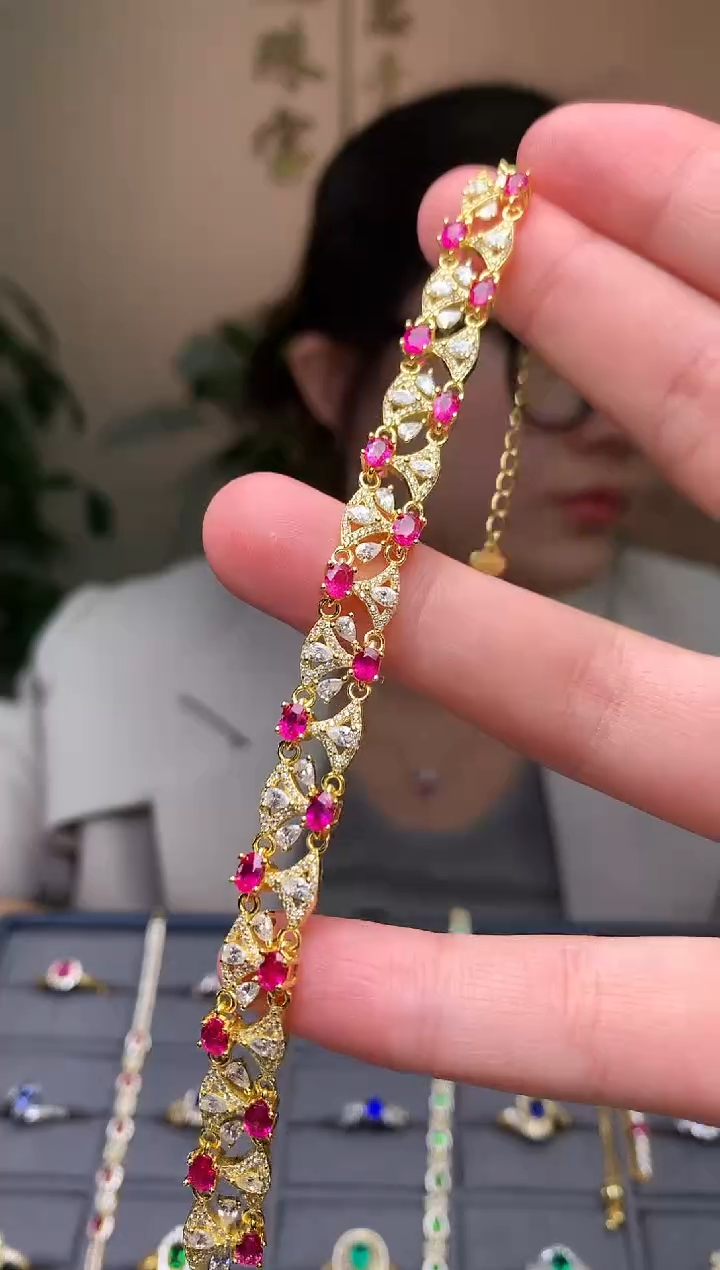 银S925镶嵌手链红宝石手链