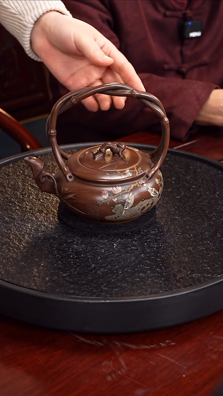 茶壶紫砂朱持平牡丹提梁66紫泥 490毫升配印章卷轴+花盆+可心墨宝