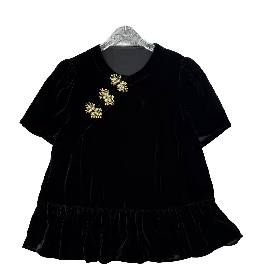 KIKI严选：213075-YER家欧货南油国风丝绒钉珠娃娃T恤上衣复古