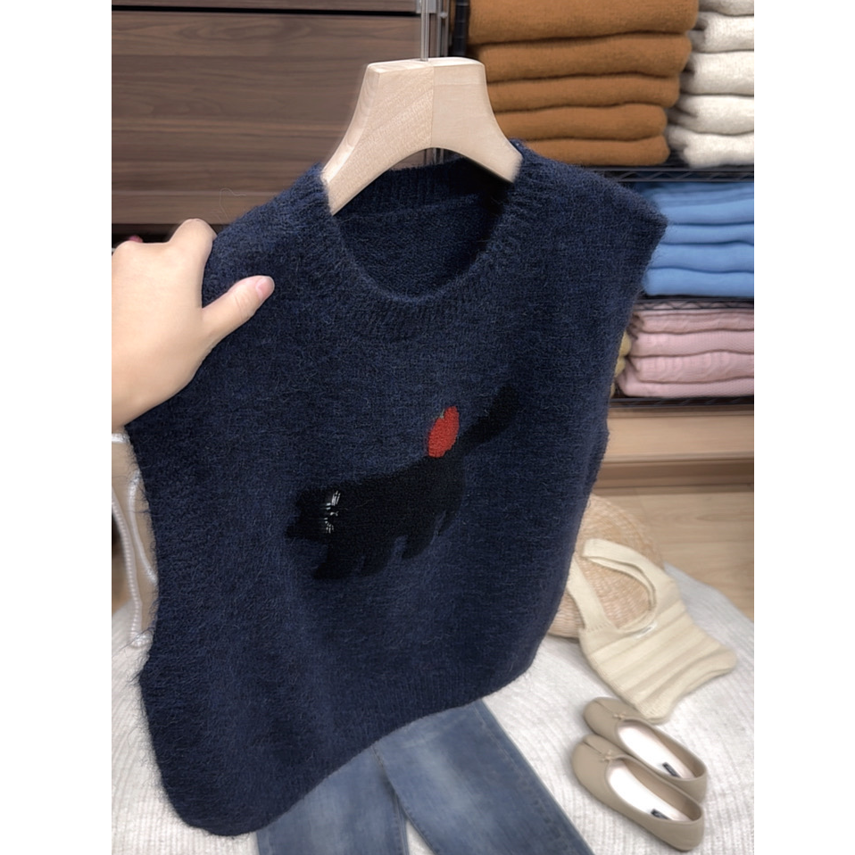 藏青刺绣韩系新款圆领女装马甲潮洋气