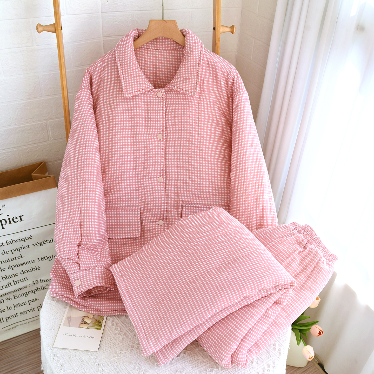 秋冬新款女士三层夹棉简约保暖加厚棉袄情侣睡衣家居服套装