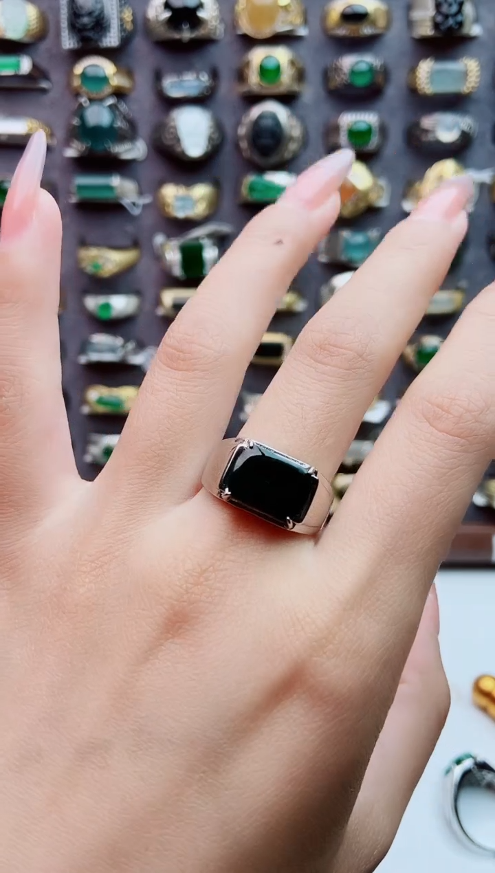 银S925镶嵌戒指翡翠天然翡翠男戒