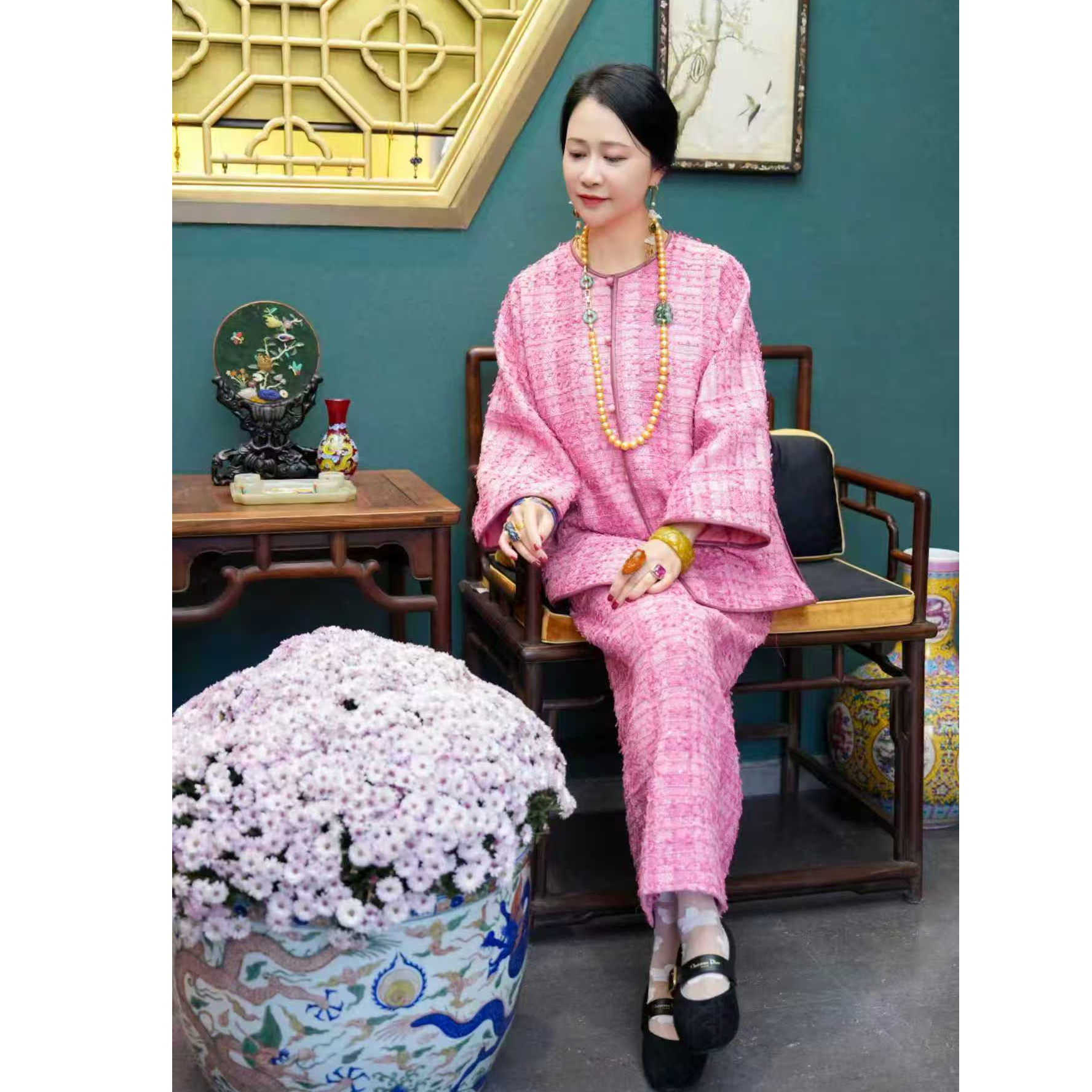 【云裳溪2025｜12月北京新款】 冬季国风粉色粗花呢套装