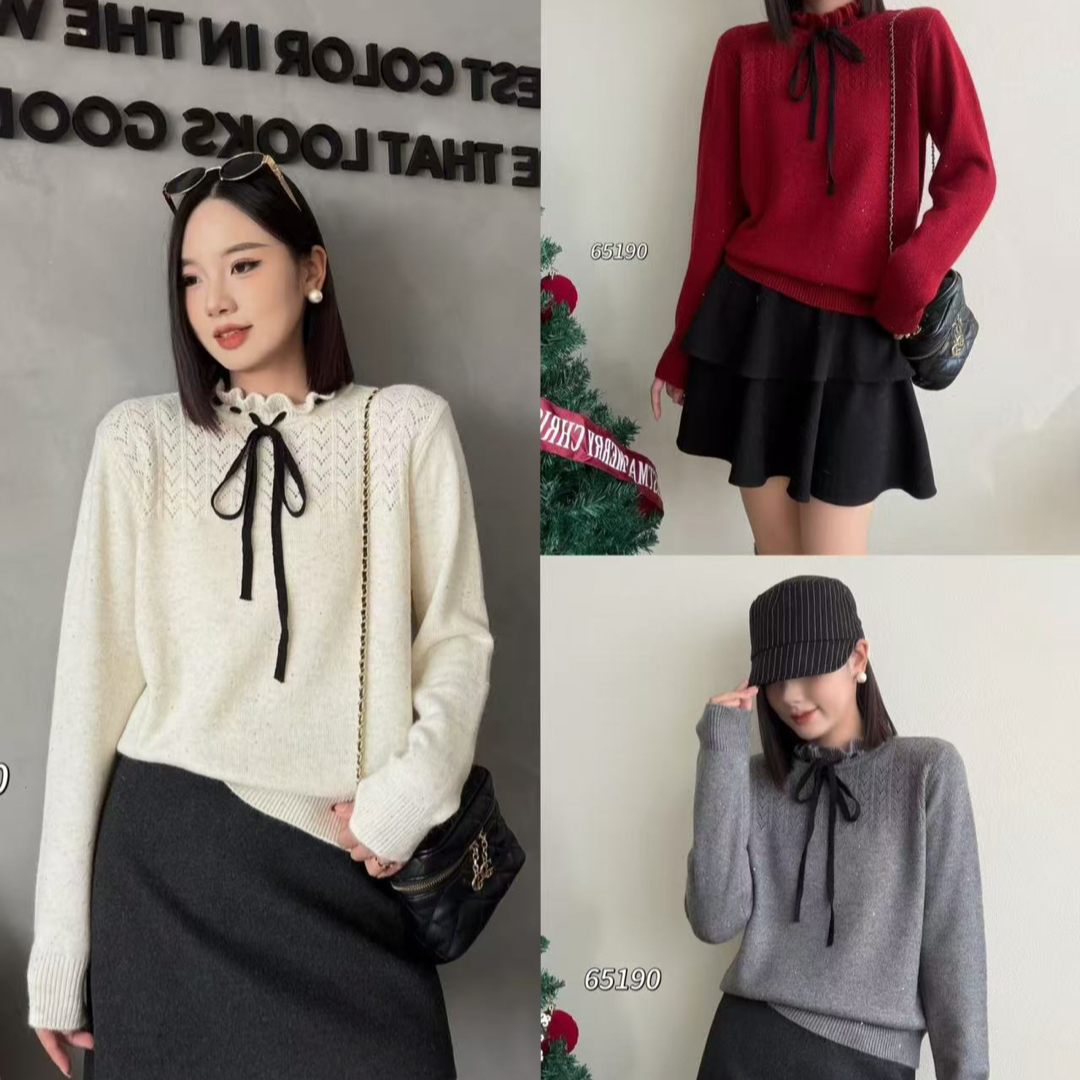 [ W i F i ]65190年装木耳边丝绒蝴蝶结毛衣(衣长60)