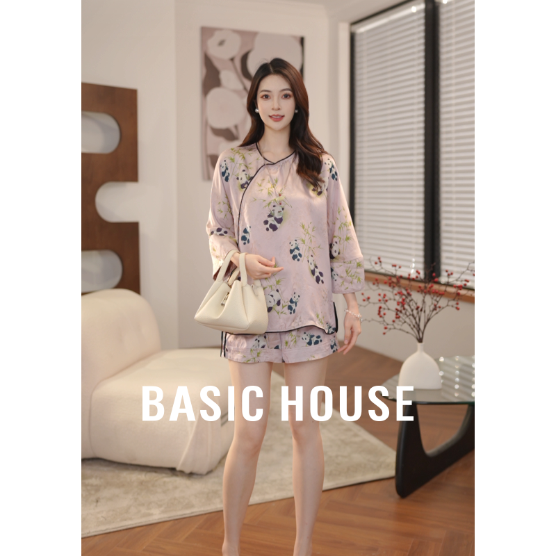 Basic House/百家好夏季新款长袖印花斜襟短裤套装B5R062