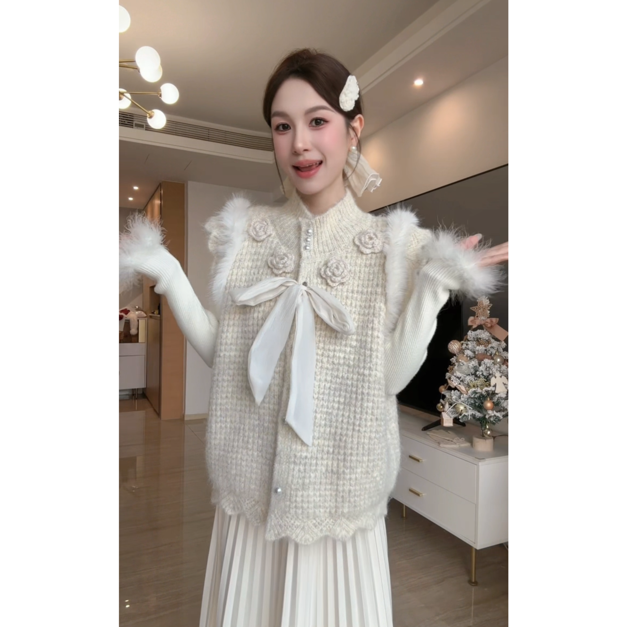 蝴蝶结马夹针织半高领时尚秋冬工字型款毛绒常规款